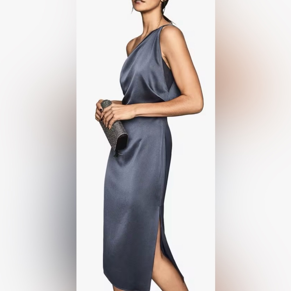 Reiss Eden Satin One Shoulder Dress, Navy - Picture 2 of 9